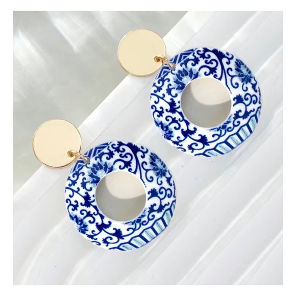 Blue and Gold Acrylic Patterned Earrings - Picture 2 of 3